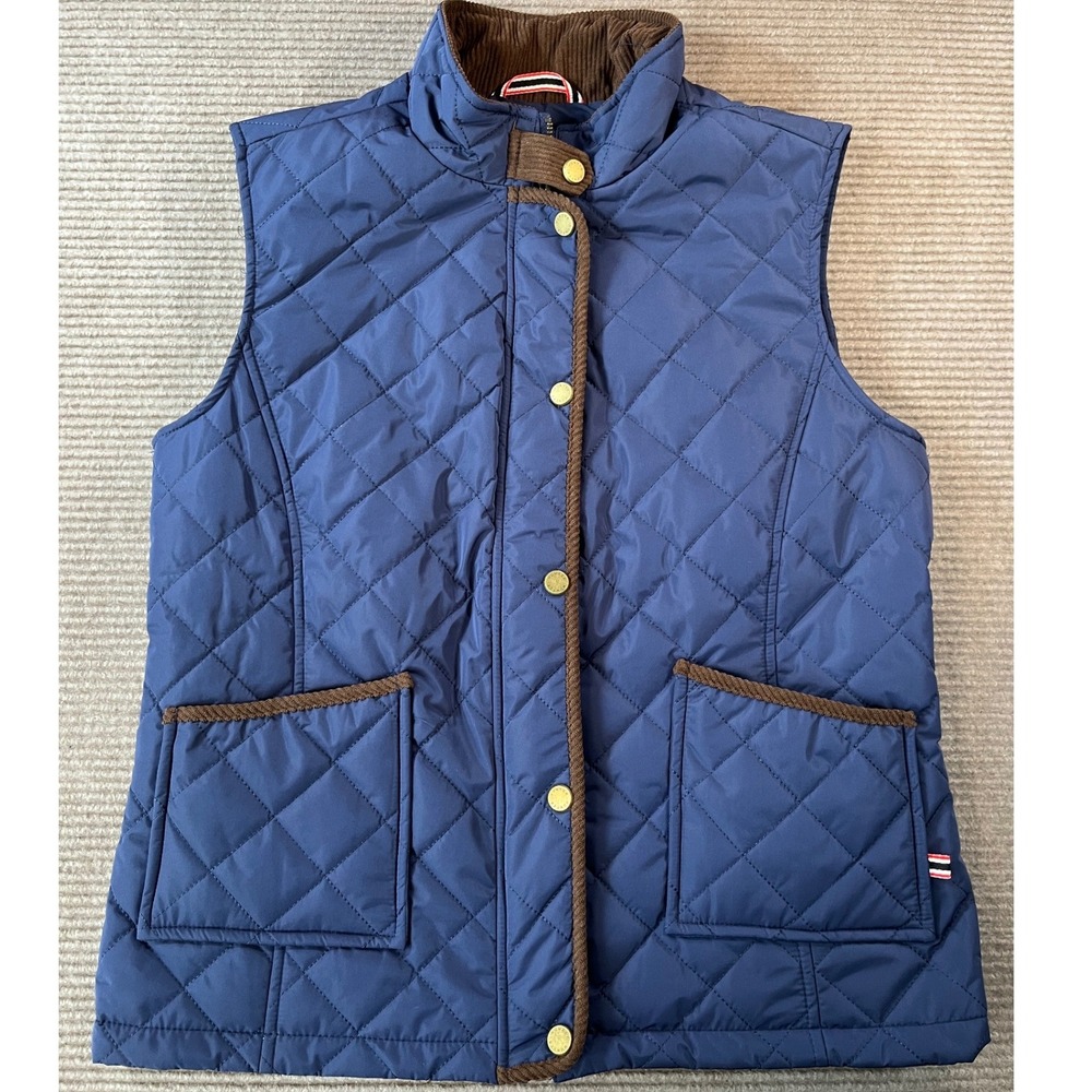 Hunter Womens Navy Blue Quilted Vest Brown Corduroy Trim Size Medium New W/ Tag